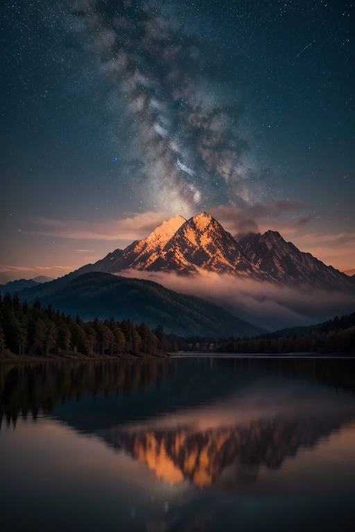 Viral anime nature wallpaper in 4K quality, in the style of photography with a 35mm lens inspired by Makoto Shinkai, capturing a breathtaking sunset over a tranquil lake, the sky painted in hues of orange and pink, with a silhouette of mountains in the background; warm and serene color temperature, cosmos lighting with stars twinkling in the sky, no human characters, the atmosphere is peaceful and reflective