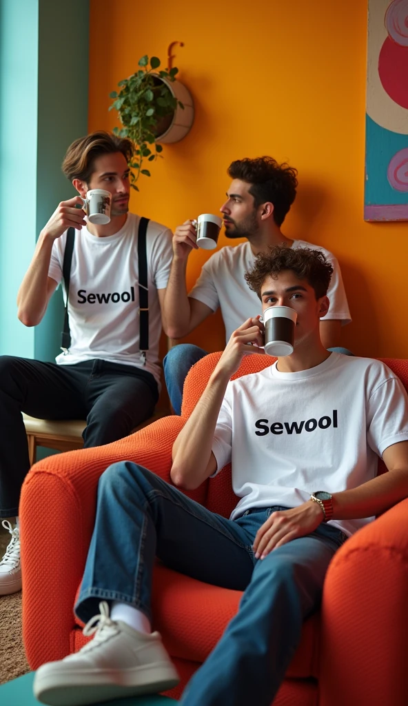 give me a picture of 2 or 3 male models in one picture with wearing oversize t-shirt and wearing formals paint and photoshoot in colourful home with take coffee, and print the word on t shirt = Sewool