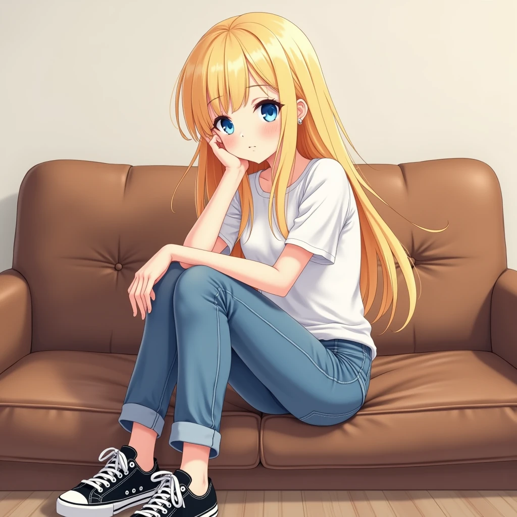 Create an image without a background A girl, blue eyed blonde, She's wearing blue jeans, a white blouse and black sneakers
She's sitting on a brown couch
Anime style