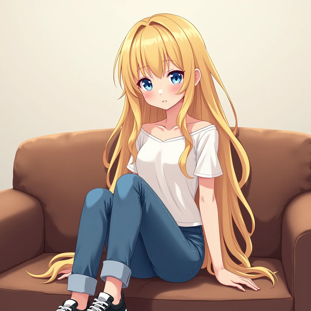 Create an image without a background A girl, blue eyed blonde, She's wearing blue jeans, a white blouse and black sneakers
She's sitting on a brown couch
Anime style