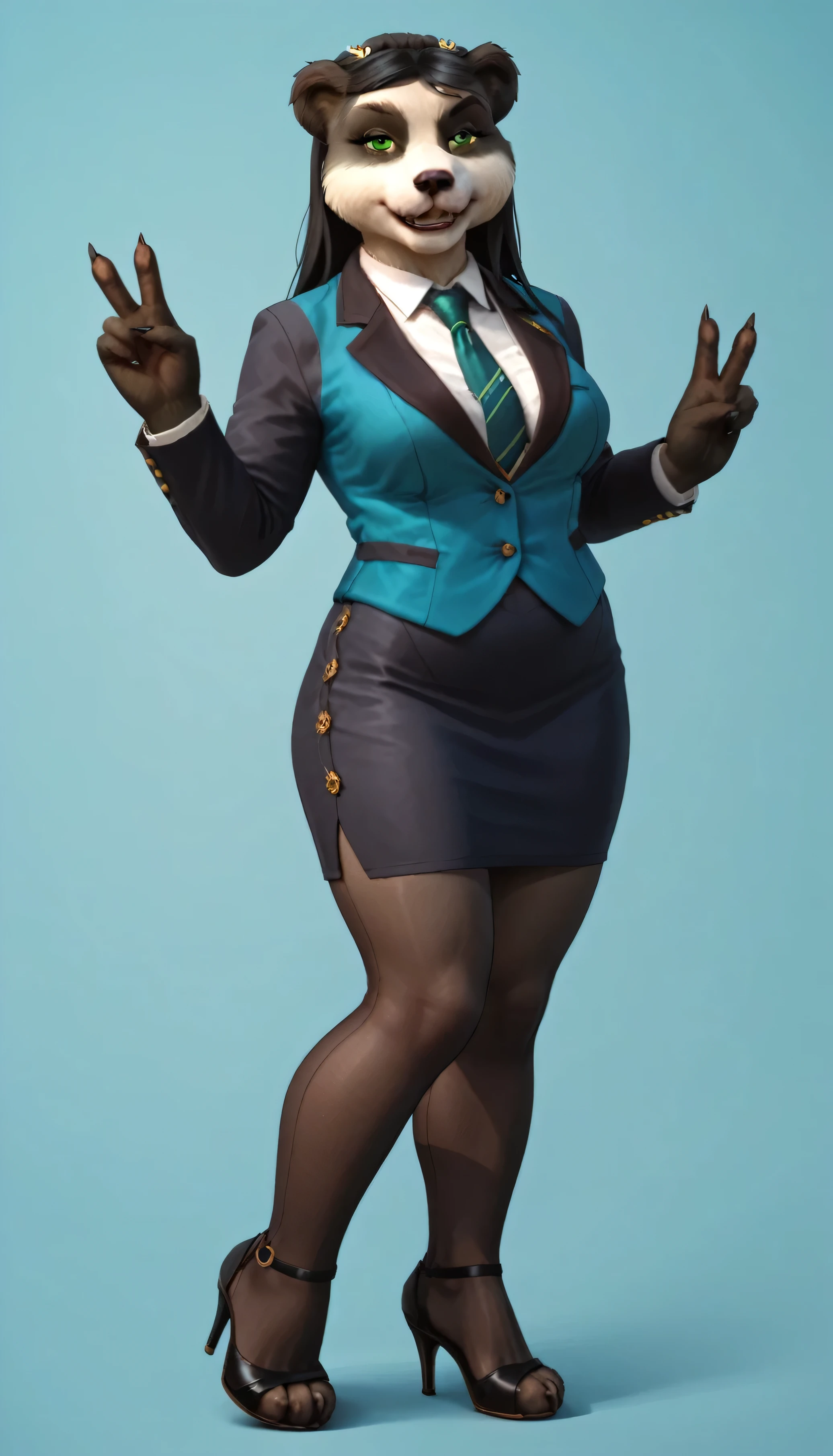 score_9, score_8_up, score_7_up, score_6_up, score_5_up, score_4_up, 1girl, solo, bear, green eyes, furry female, furry, animal ears, long hair, black hair, jewelry, skirt suit, three-piece suit, necktie, blazer, waistcoat, double-breasted waistcoat, bodycon pencil skirt, stockings, high heels, standing, upper body, smile, looking at viewer, v sign,
light blue background, simple background,