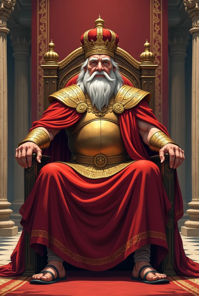 image of a king of Mycenae, sitting in a throne, with bronze armor and red garments, wearing a crown, he is 90 years old. (((anime styling)))