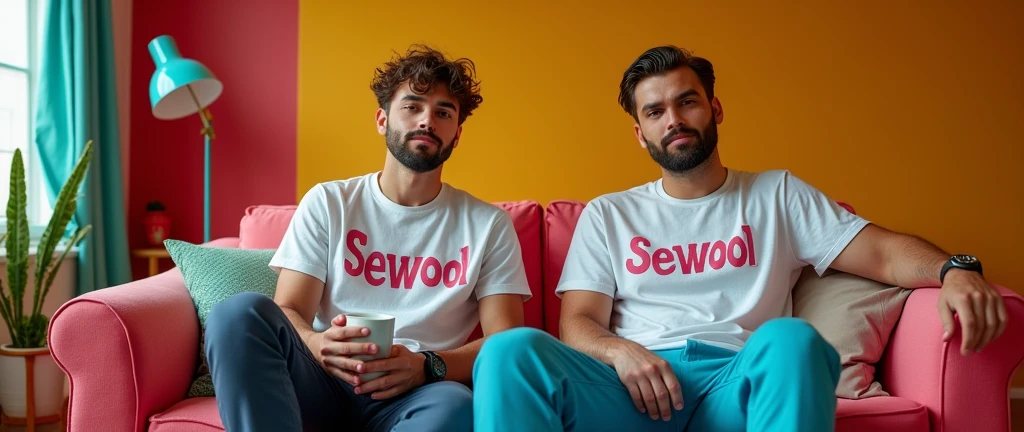 give me a picture of 2 or 3 male models in one picture with wearing oversize t-shirt and wearing formals paint and photoshoot in colourful home with take coffee, and print the word on t shirt = Sewool
