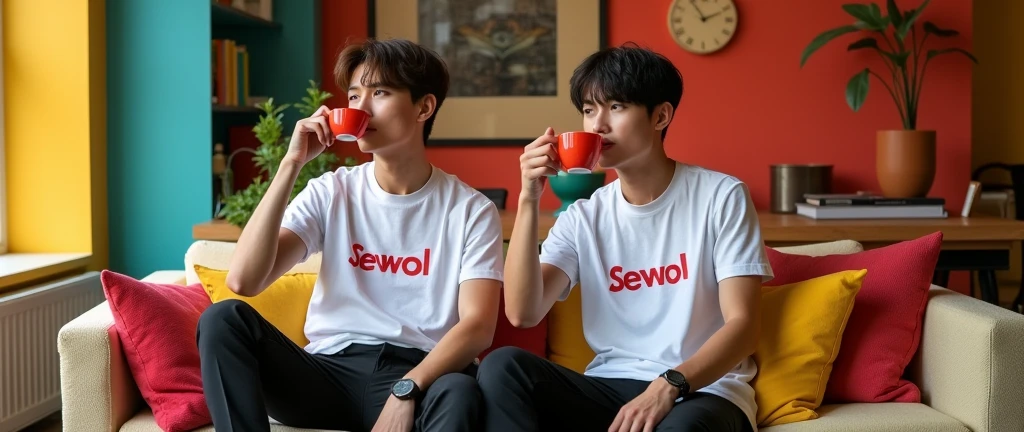 give me a picture of 2 or 3 male models in one picture with wearing oversize t-shirt and wearing formals paint and photoshoot in colourful home with take coffee, and print the word on t shirt = Sewool