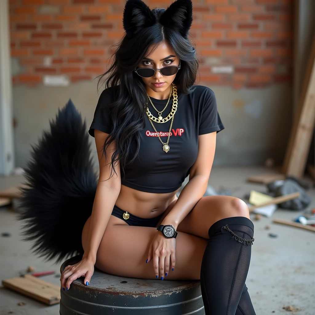 women, 20 years, huge breasts, very big buttocks, black fur, White skin, Brown eyes, Athletic legs, full black lingerie, Black short fitted t-shirt with the legend: "Queretaro VIP", Sunglasses, fox ears, Fox tail, Rolex watch on wrist, Cartier gold chain, sitting on barrel , brick wall in the background, In the background you can see a construction in progress, tools on the ground