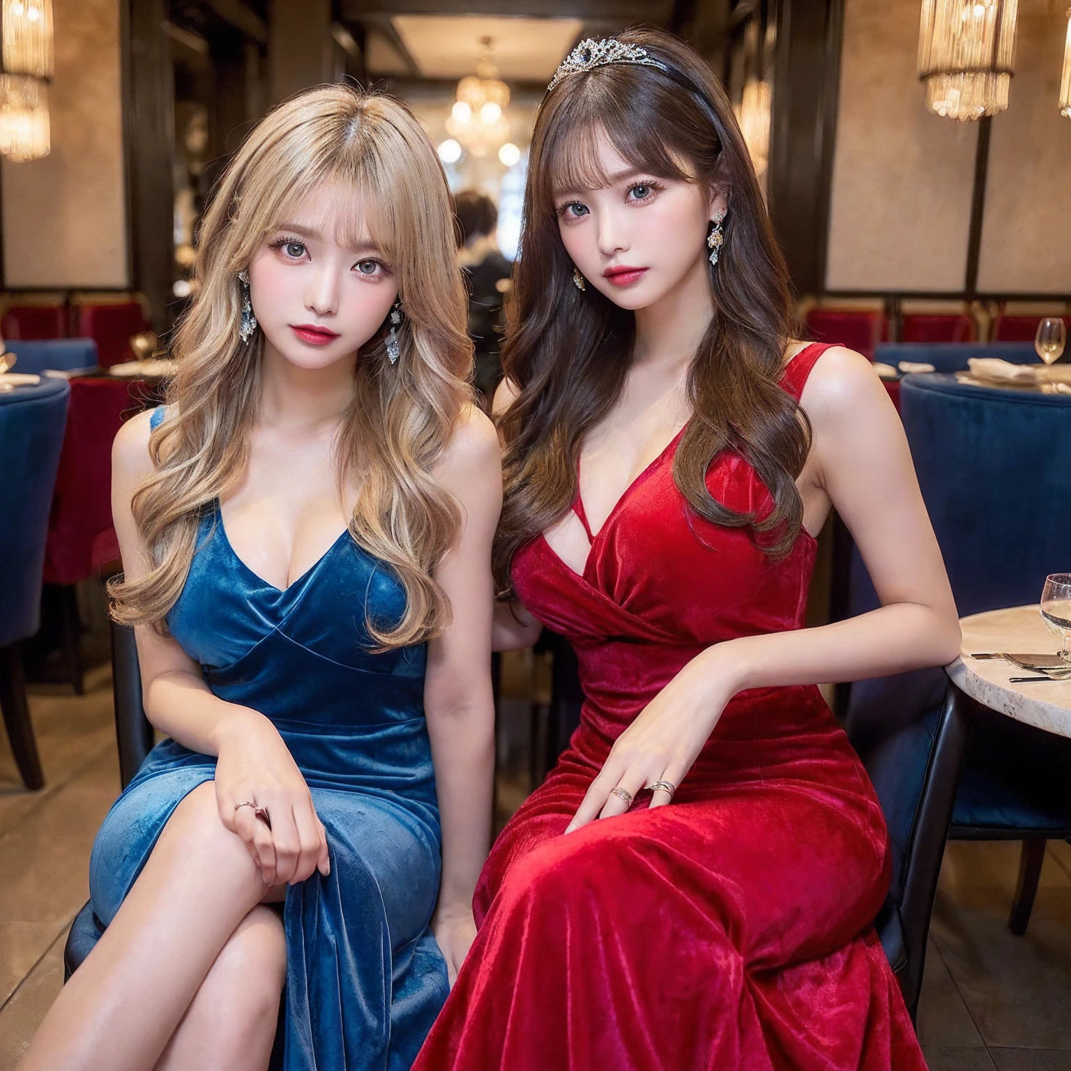 ((Highest quality、8k、masterpiece:1.3))、((Photorealistic、Perfect body line:1.4))、((1 super beautiful woman、Two Women:1.3))、((Highly detailed face, skin texture and beautiful eyes、Highlight of light-colored eyes、Light shines in the eyes:1.4))、((She has a well-proportioned body like a gravure idol and huge breasts.、Super long curly hair, brownish in color almost blonde:1.3))、((A super sexy long dress in blue and red with a beautiful pattern made of super thin and tight velour material.、Slit in dress:1.3))、((tiara、Stylish arm ring、Jewels and luxurious decorations:1.1))、((Super beautiful, translucent skin:1.3))、((Super flashy pink gyaru makeup:1.2))、((The interior of a luxurious restaurant、The two of them are sitting in luxurious chairs:1.3))、((One in a red dress and the other in a blue dress、Ultra slit dress:1.3))