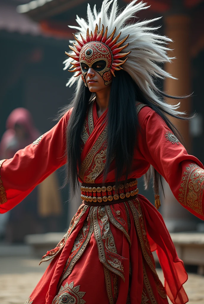 Create a picture of lakhe dance in lakhe dress of with long black and white hair and read and white full face cover mask of nepali culture
Full as per nepali culture of man