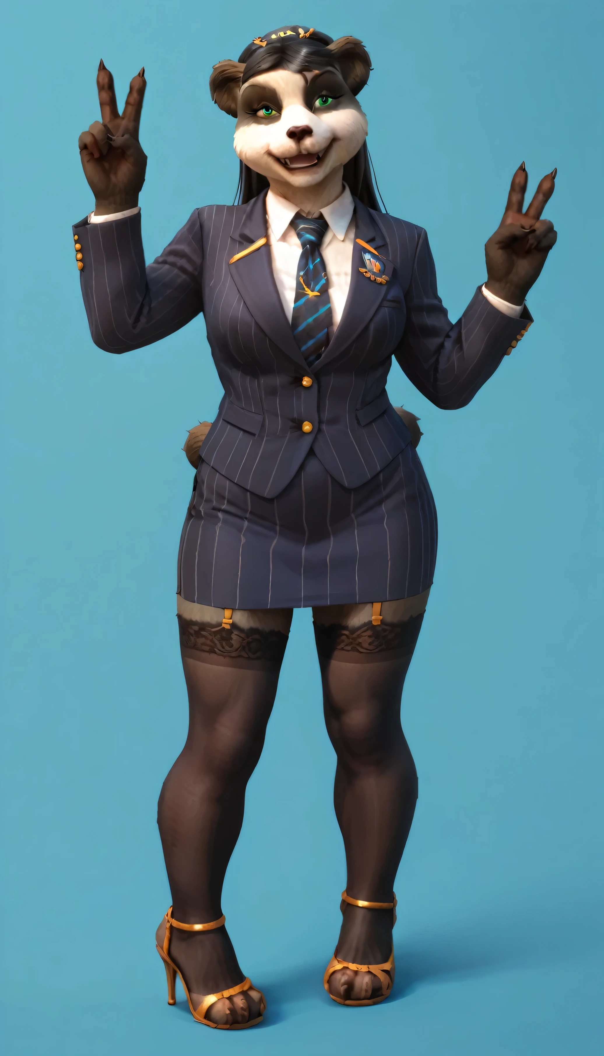 score_9, score_8_up, score_7_up, score_6_up, score_5_up, score_4_up, 1girl, solo, bear, green eyes, furry female, furry, animal ears, long hair, black hair, jewelry, (((navy pinstripe skirt suit))), three-piece suit, necktie, blazer, waistcoat, double-breasted waistcoat, bodycon pencil skirt, stockings, high heels, standing, upper body, smile, looking at viewer, v sign, 
light blue background, simple background,