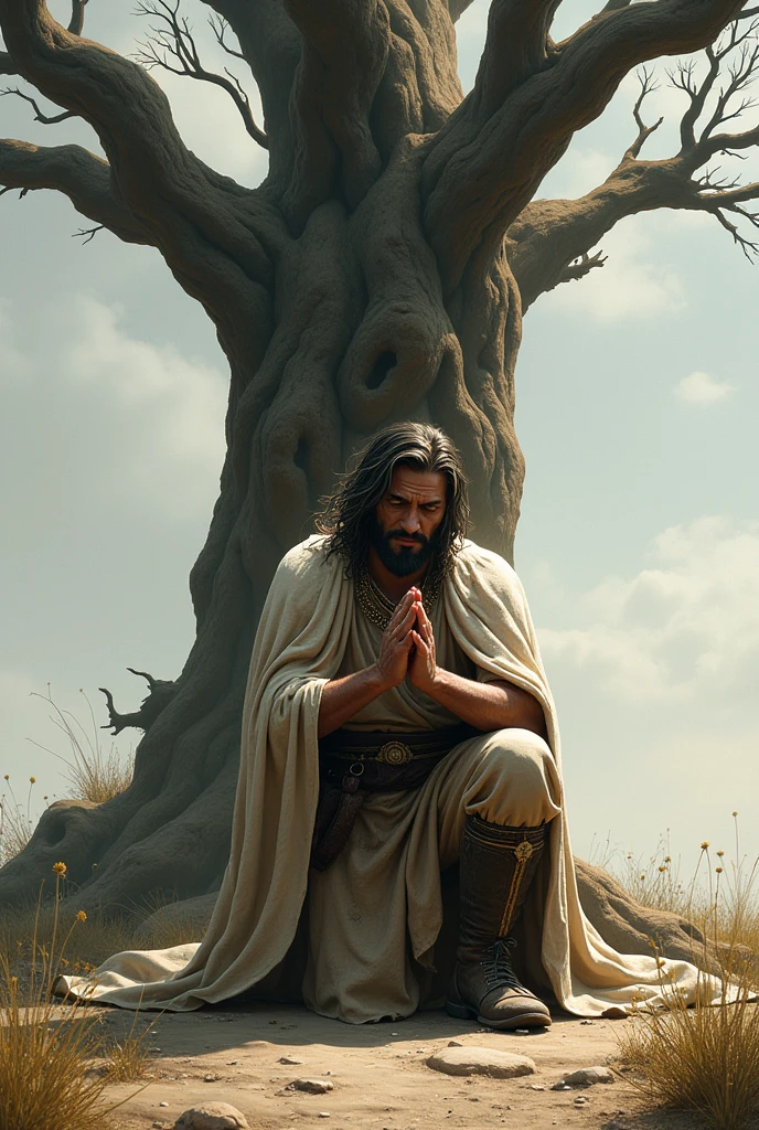 The King's Regretful Prayer: "The king, now humble and remorseful, kneels before the withered tree in prayer, seeking forgiveness. His royal attire is dusty and disheveled, reflecting his fall from pride."