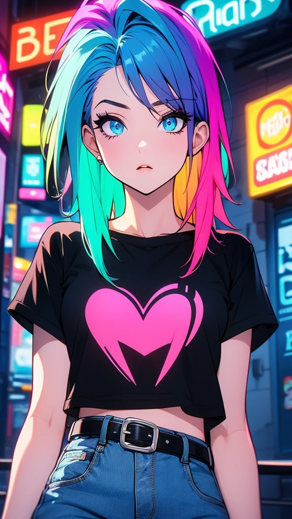 girl in black t-shirt and blue jeans, colorful pop-punk hair, beautiful eyes, belt, neon hearts