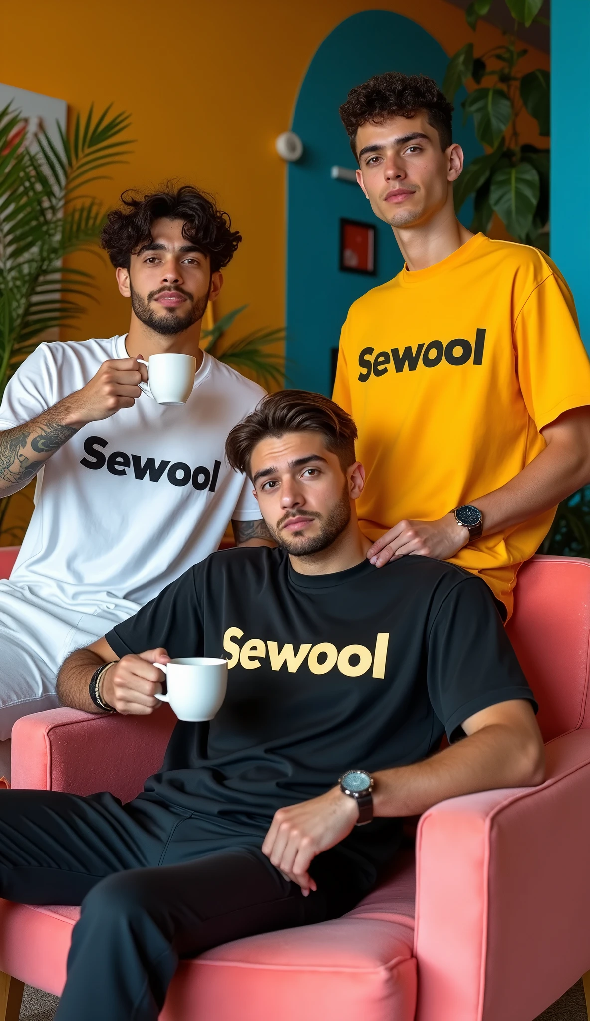 give me a picture of 2 or 3 male models in one picture with wearing oversize t-shirt and wearing formals paint and photoshoot in colourful home with take coffee, and print the word on t shirt = Sewool