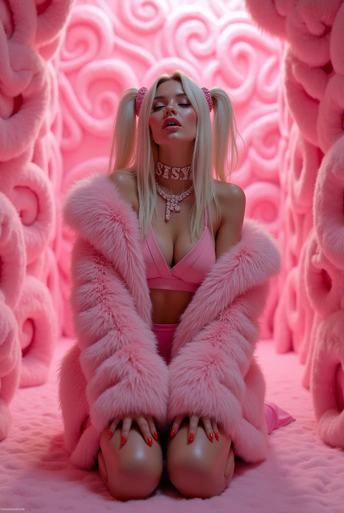 1 girl, 25s years old, long platinum blonde hair in pigtails, extremely big fluffy pink fur coat with hood, big pultry lips, pink skirt , pink fluffy fur boots, choker with glitter letters S.I.S.S.Y, room with pink fur walls and pink hypnotic spirals, kneeling, mouth open, drooling