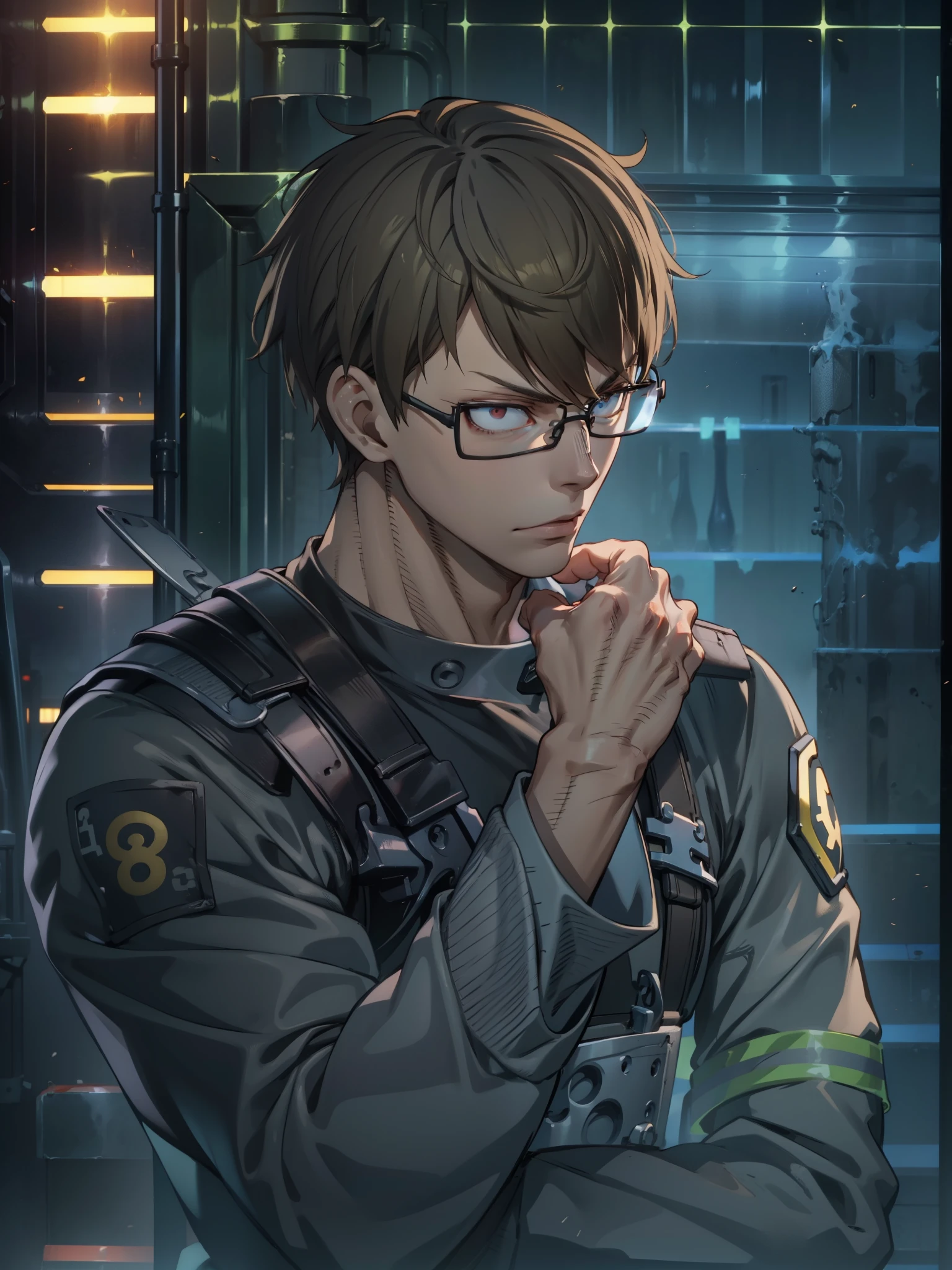 8k, Highly Detailed, Masterpiece, source_anime, best quality, beautifully detailed eyes and beautifully detailed hair, 1man, solo, young man with short brown hair and light skin, The character is wearing rectangular black glasses and has brown eyes, He has a serious expression with sharp, angular facial features, including prominent cheekbones and a defined jawline, He is dressed in a black shirt, The man is holding a hand near his face, with a serious expression and looking slightly to the side. The background consists of a grid wall with various firearms mounted on it, illuminated by a blue light. The overall scene has a serious and intense atmosphere, with a focus on the character's contemplative demeanor and the detailed background elements, the character is a member of the fire brigade