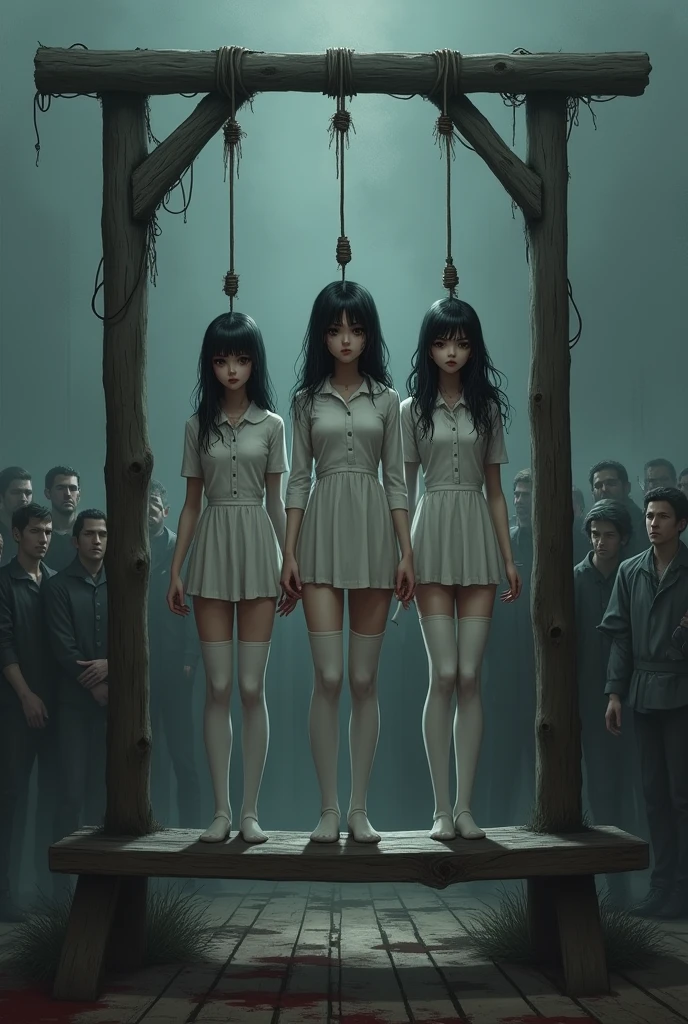 Scene of three girls in white thigh high socks, hanged, execution, gallows, hovering in the air, many people around, noose, three girls standing together on the bench