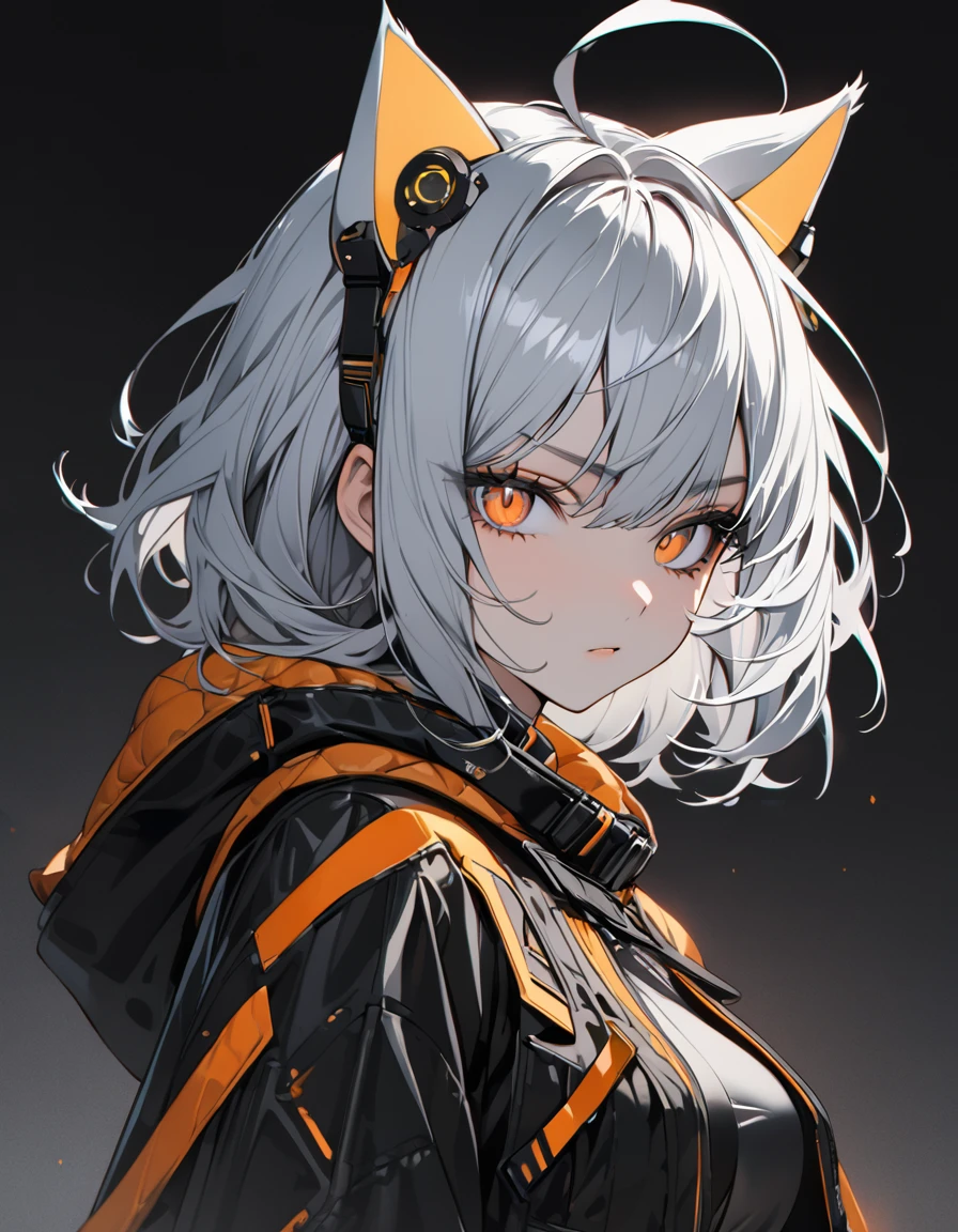 (masterpiece)、(absurdres)、(ultra detailed)、(8k),(solo lady),(silver cat ears:1.1),(silver hair),(shortcut hair:1.1),(messy hair:0.7),(Ahoge:0.9),(middle breast:0.9),BREAK,(orange eyes),(Downturned eyes)BREAK,black cyberpunk,orange Smoke:1.5,Serious,potrait shot:1.2,simple darkness background,in the darkness:1.2