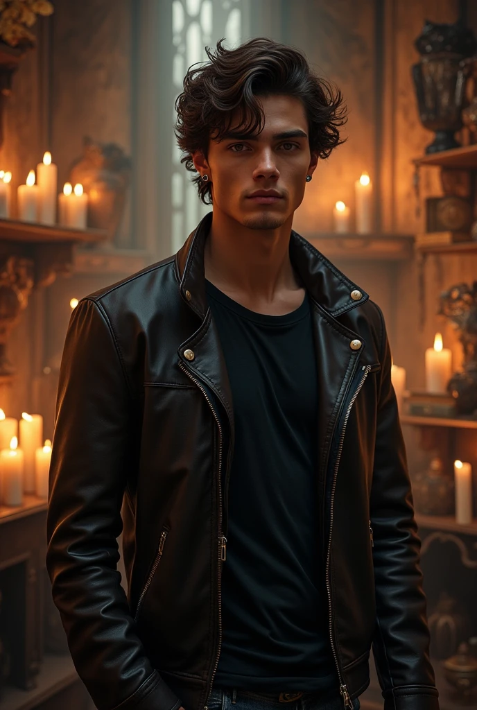 A young, handsome man with brown skin and wavy hair stands confidently in a room filled with mystical elements. He is wearing a black t-shirt under a leather jacket, and a small earring gleams in one of his ears. The room is dimly lit, with flickering candles, ancient books, and mysterious symbols scattered throughout, creating an atmosphere of magic and mystery. The man's expression is calm yet intriguing, as if he holds secrets of the supernatural.