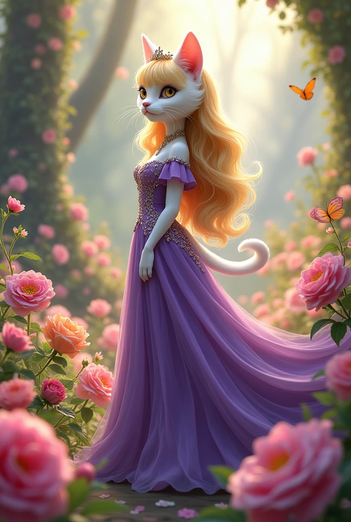 A white cat princess with yellow hair, bangs, very long hair, beautiful face, tall, big eyes, very cute, wearing a purple princess dress, a long dress with beautiful diamonds, can see the whole body, wearing high heels, wearing a crown, in a very wide flower garden, with her many colored flowers, with butterflies flying.