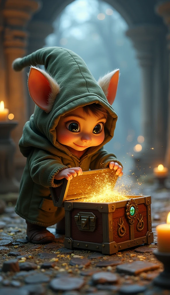A cute hobbit thief examining a treasure chest, Fantasy, Wizardry