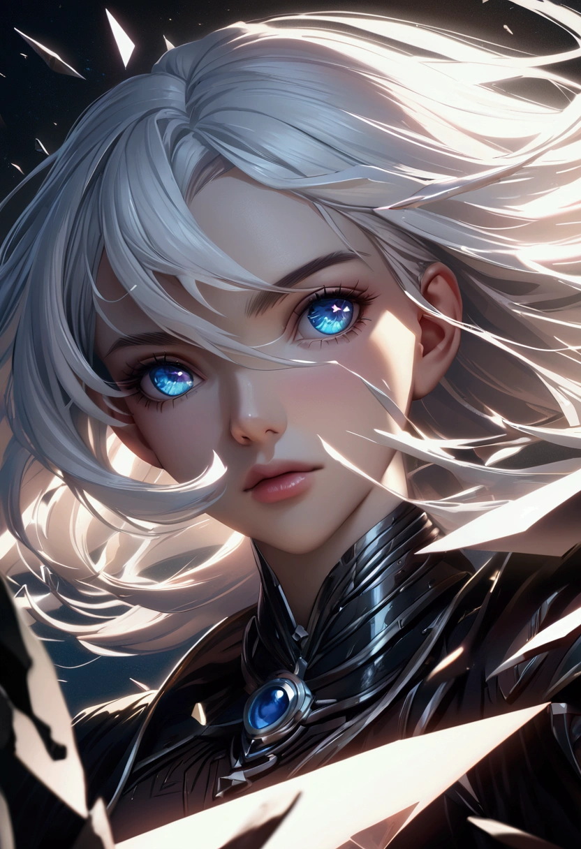 Diamond eyes, dark fantasy, white hair, broken glass shards, focus shards, glicthy, high contras, motion blur, dynamic lighting, close-up, UHD, high quality, anime, realistic