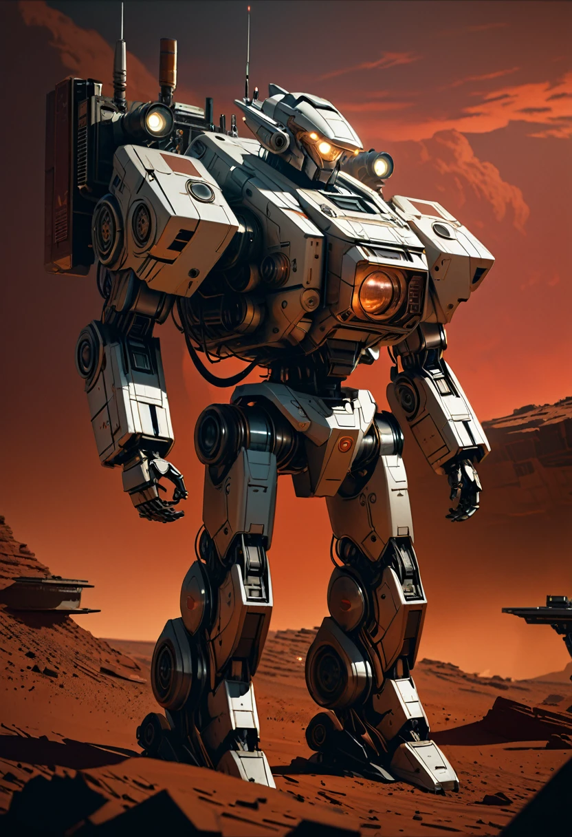 a man on mars, old-fashioned robot, red skies, old-fashioned sci-fi, highly detailed, cinematic lighting, 8k, concept art, muted colors, dramatic shadows, depth of field, photorealistic, intricate details, futuristic technology, worn metal textures, atmospheric haze, moody lighting, dynamic composition, advanced machinery, retrofuturistic aesthetic