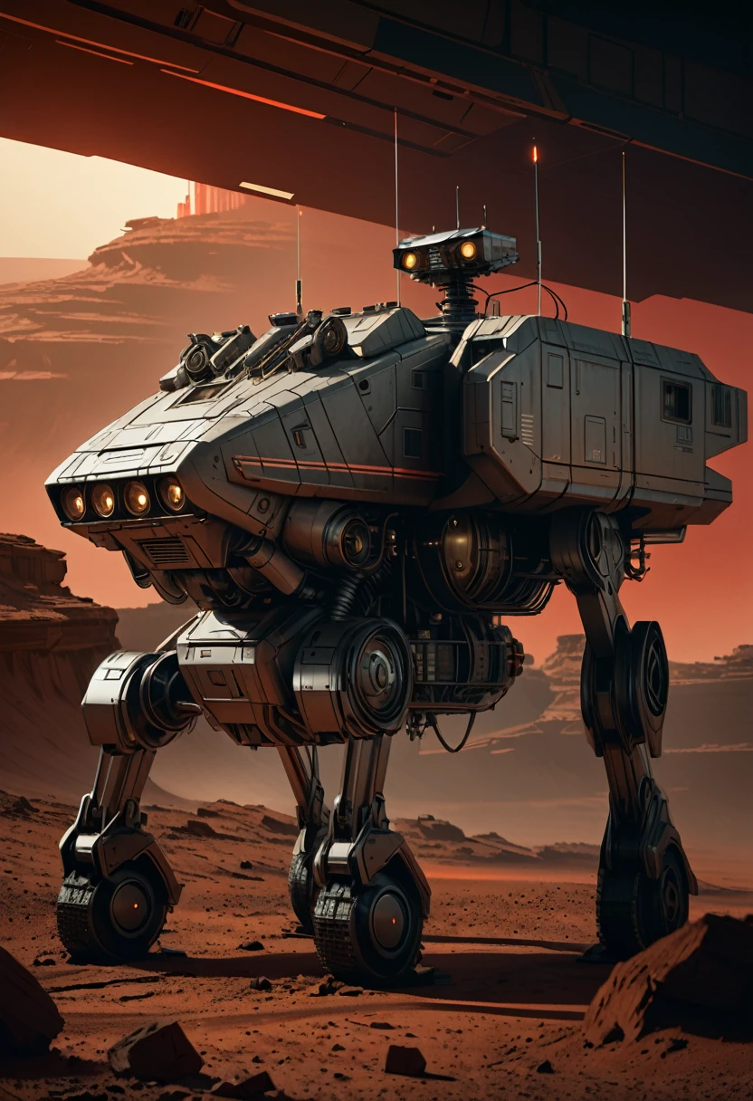 a man on mars, old-fashioned robot, red skies, old-fashioned sci-fi, highly detailed, cinematic lighting, 8k, concept art, muted colors, dramatic shadows, depth of field, photorealistic, intricate details, futuristic technology, worn metal textures, atmospheric haze, moody lighting, dynamic composition, advanced machinery, retrofuturistic aesthetic