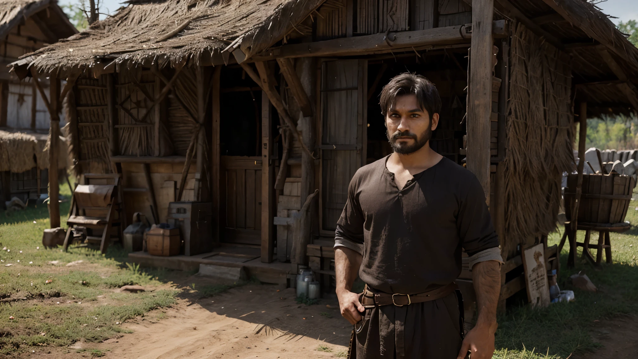 ark fantasy gothic theme, poor male villager with dark brown skin wearing villager clothes, short black hair with small beard, standing in front of his hut