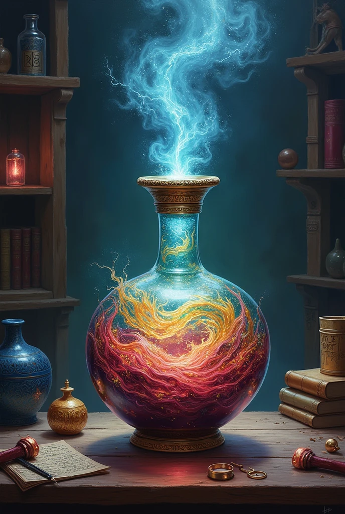 potion with herbs, painting, illustration, hyper realistic, intricate detail, ancient magic harry potter theme with space for a title