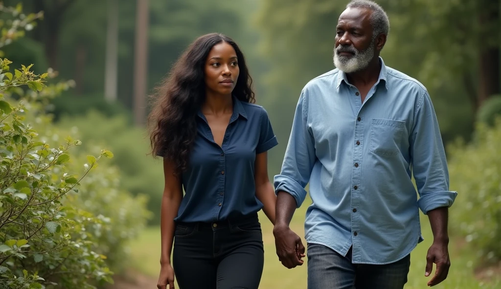 the best photo, the most realistic ,Clareza 4K, black female , black hair with long length ,age 25 ,Dark blue cotton shirt with black pants, Delicate face, long hair, ebony skin , .the woman is distracted (woman is not looking at the photo ) ,man is holding her hand as if he is taking her somewhere, and in the background there is a forest with bushes. 1 black man , aged 50, fatter ,african hair, sem beard , wearing a light blue dress shirt, black boot, and dark jeans