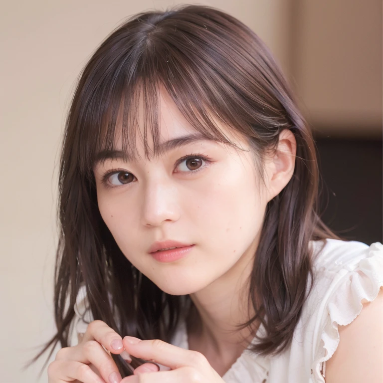 (Nsfw、RAW Photos, Highest quality、Realistic, Photorealistic:1.5), Tabletop, Very delicate and beautiful, Soft Light, (Brown Hair, Straight shoulder-length hair fluttering in the wind), Beautiful detailed girl, (Detailed fingers), Highly detailed eyes and face, Beautifully detailed nose, Beautiful attention to detail, 1 person, Japanese, Pure beauty, cute, young, Dress shirt, pants, (Half Body:1.3), (Big breasts), Realistic face, Realistic body,