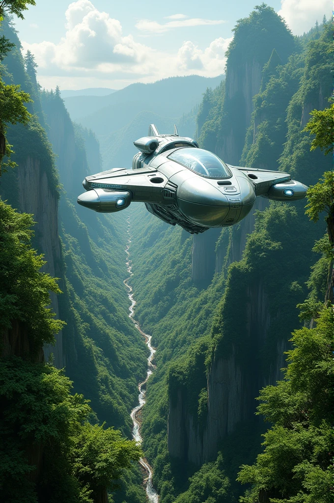 An big glassy ship moves toward the greenery valley forest