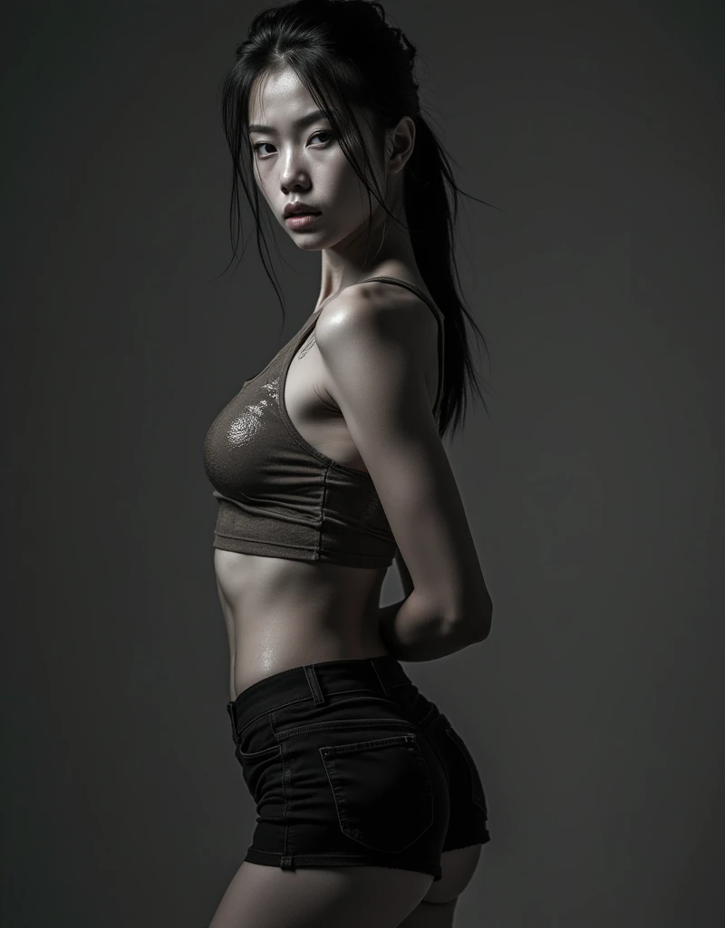 Full body photo of a young, stylish Asian woman , Sweat-soaked clothes,Art Photography