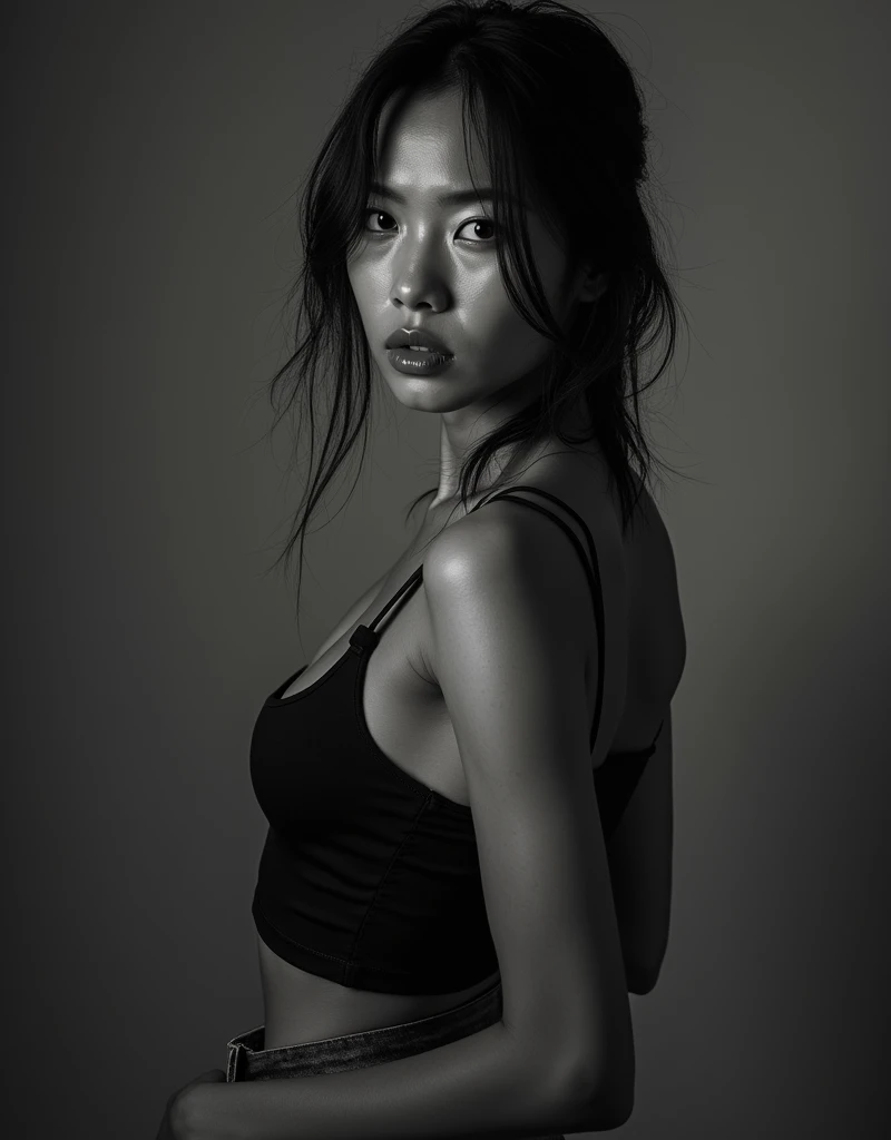 Full body photo of a young, stylish Asian woman , Sweat-soaked clothes，Art Photography