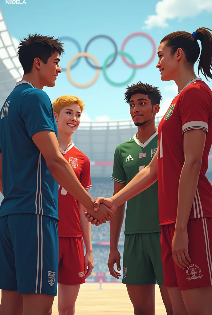 Athletes of different nationalities wearing Olympic clothing representing respect