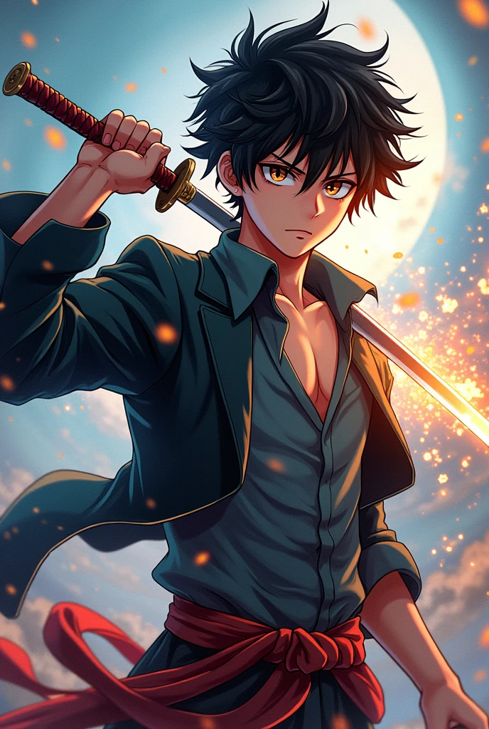 アニメ, beautiful boy, dark brown hair, katana, pouvoir du temps et du one for all de my hero academya, Brown eyes