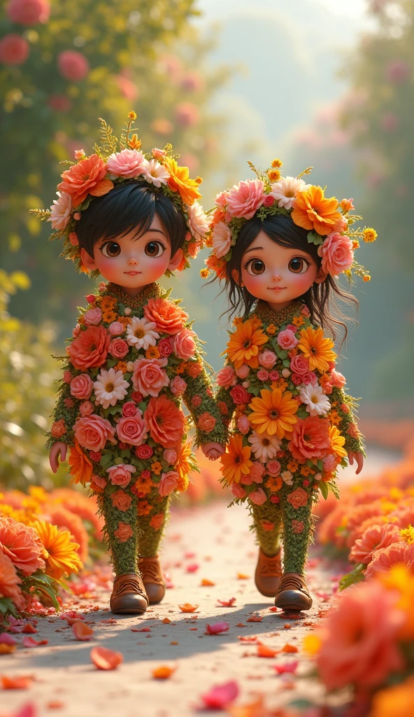 a close-up of a girl and a boy walking over flowers, humanoids covered in flowers, walking along a walkway full of flowers, parade gracefully along a path full of flowers, parade hand in hand, expressive and captivating eyes, lively and captivating eyes. animated film, animated film, animated film, animated film.  whimsical art, the girl made of flowers. Hand in hand they gracefully parade along the path full of flowers. Move your head forward, looking straight ahead,  Fluid and very romantic models. Lively and captivating look. Flawless style and perfect fit, high quality costume, cute outfit, impeccable appearance!!!, full costume