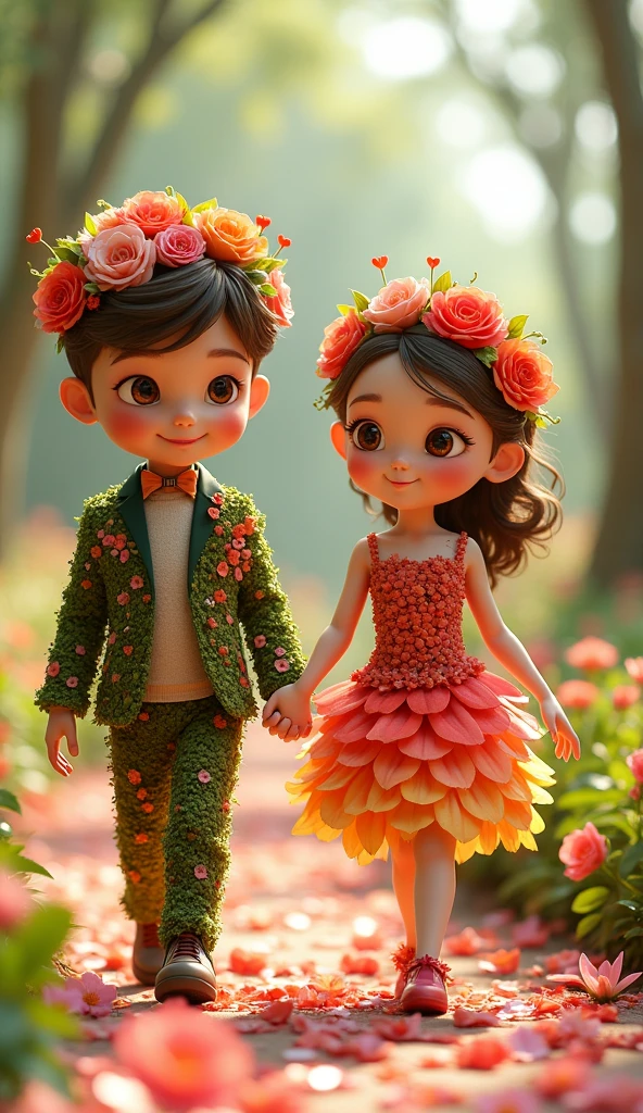 a close-up of a girl and a boy walking over flowers, humanoids covered in flowers, walking along a walkway full of flowers, parade gracefully along a path full of flowers, parade hand in hand, expressive and captivating eyes, lively and captivating eyes. animated film, animated film, animated film, animated film.  whimsical art, the girl made of flowers. Hand in hand they gracefully parade along the path full of flowers. Move your head forward, looking straight ahead,  Fluid and very romantic models. Lively and captivating look. Flawless style and perfect fit, high quality costume, cute outfit, impeccable appearance!!!, full costume