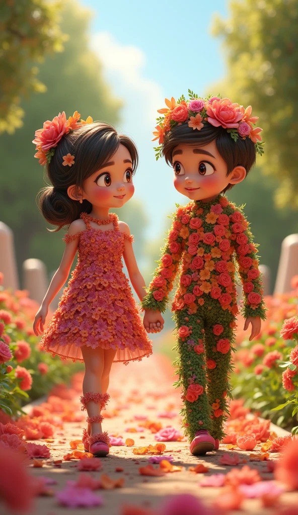 a close-up of a girl and a boy walking over flowers, humanoids covered in flowers, walking along a walkway full of flowers, parade gracefully along a path full of flowers, parade hand in hand, expressive and captivating eyes, lively and captivating eyes. animated film, animated film, animated film, animated film. whimsical art, the girl made of flowers. Hand in hand they gracefully parade along the path full of flowers. Move your head forward, looking straight ahead, Fluid and very romantic models. Lively and captivating look. Flawless style and perfect fit, high quality costume, cute outfit, impeccable appearance!!!, full costume