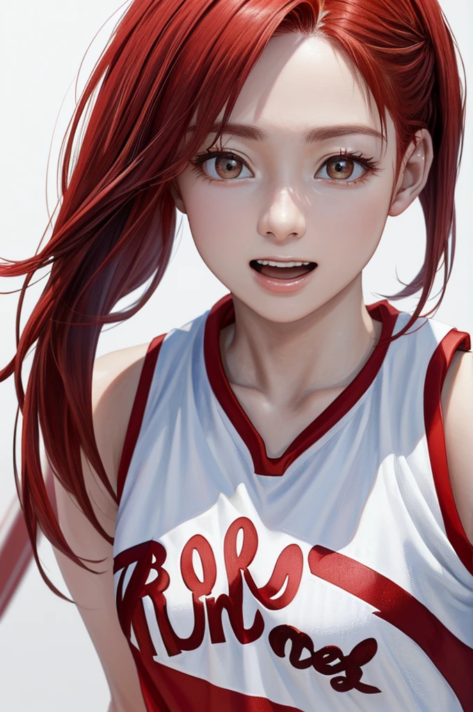 (((Pure white wall background、Highest quality、8k、32K、masterpiece)))、(Realistic)、(Photorealistic:1.2)、(High resolution)、Very detailed、Very beautiful face and eyes、1 person、Round and small face、Narrow waist、Delicate body、(close、Highest quality、Attention to detail、Rich skin detail)、(Highest quality、8k、Oil paints:1.2)、Very detailed、(Realistic、Realistic:1.37)、Bright colors、(((Red hair)))、(((Cowboy Shot)))、(((Medium Hair)))、(((Pure white wall background)))、(((Wearing a basketball uniform)))、(((White and red basketball outfit)))、(((Rin々A funny expression)))、(((One female)))、(((Tank top style uniform)))
