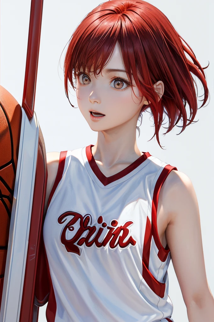 (((Pure white wall background、Highest quality、8k、32K、masterpiece)))、(Realistic)、(Photorealistic:1.2)、(High resolution)、Very detailed、Very beautiful face and eyes、1 person、Round and small face、Narrow waist、Delicate body、(close、Highest quality、Attention to detail、Rich skin detail)、(Highest quality、8k、Oil paints:1.2)、Very detailed、(Realistic、Realistic:1.37)、Bright colors、(((Red hair)))、(((Cowboy Shot)))、(((Medium Hair)))、(((Pure white wall background)))、(((Wearing a basketball uniform)))、(((White and red basketball outfit)))、(((Rin々A funny expression)))、(((One female)))、(((Tank top style uniform)))