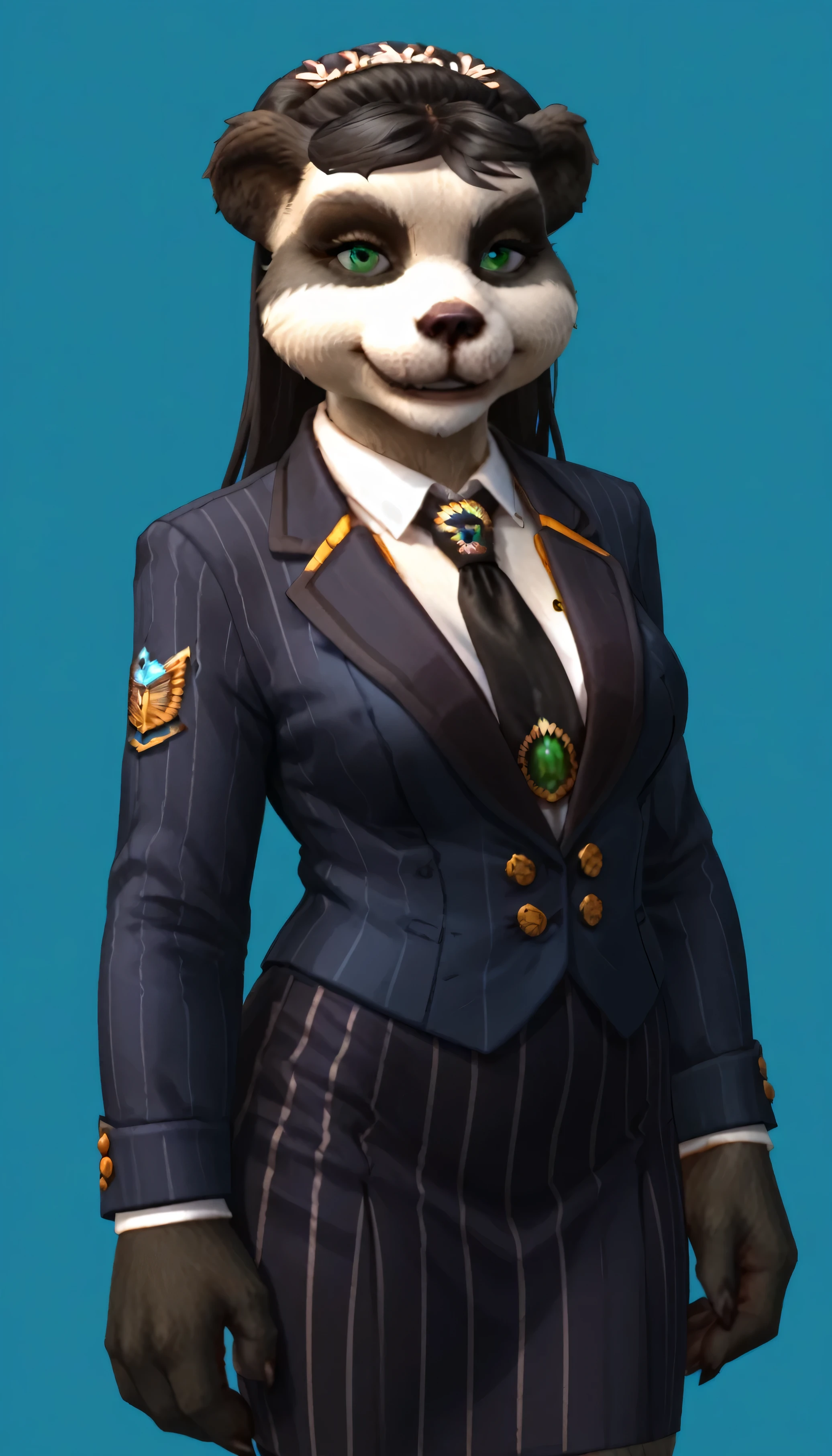 score_9, score_8_up, score_7_up, score_6_up, score_5_up, score_4_up, 1girl, solo, bear, green eyes, furry female, furry, animal ears, long hair, black hair, jewelry, (((navy pinstripe skirt suit))), three-piece suit, necktie, blazer, waistcoat, double-breasted waistcoat, bodycon pencil skirt, waist up, standing, upper body, smile, looking at viewer, silk clothing, formal clothing, high end fashion,
light blue background, simple background,