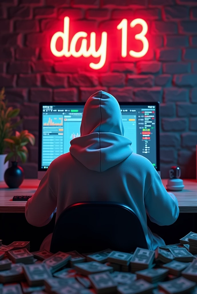 Create a 3d image of a man sitting in trading room on money and working on trading application on his pc the boy face not visible must white hoodie and his name "G ♡ G" written on the wall clearly not visible . Pic from back side pc monitor visible.
And wall up side corner "Day 13" written on red neon light.
