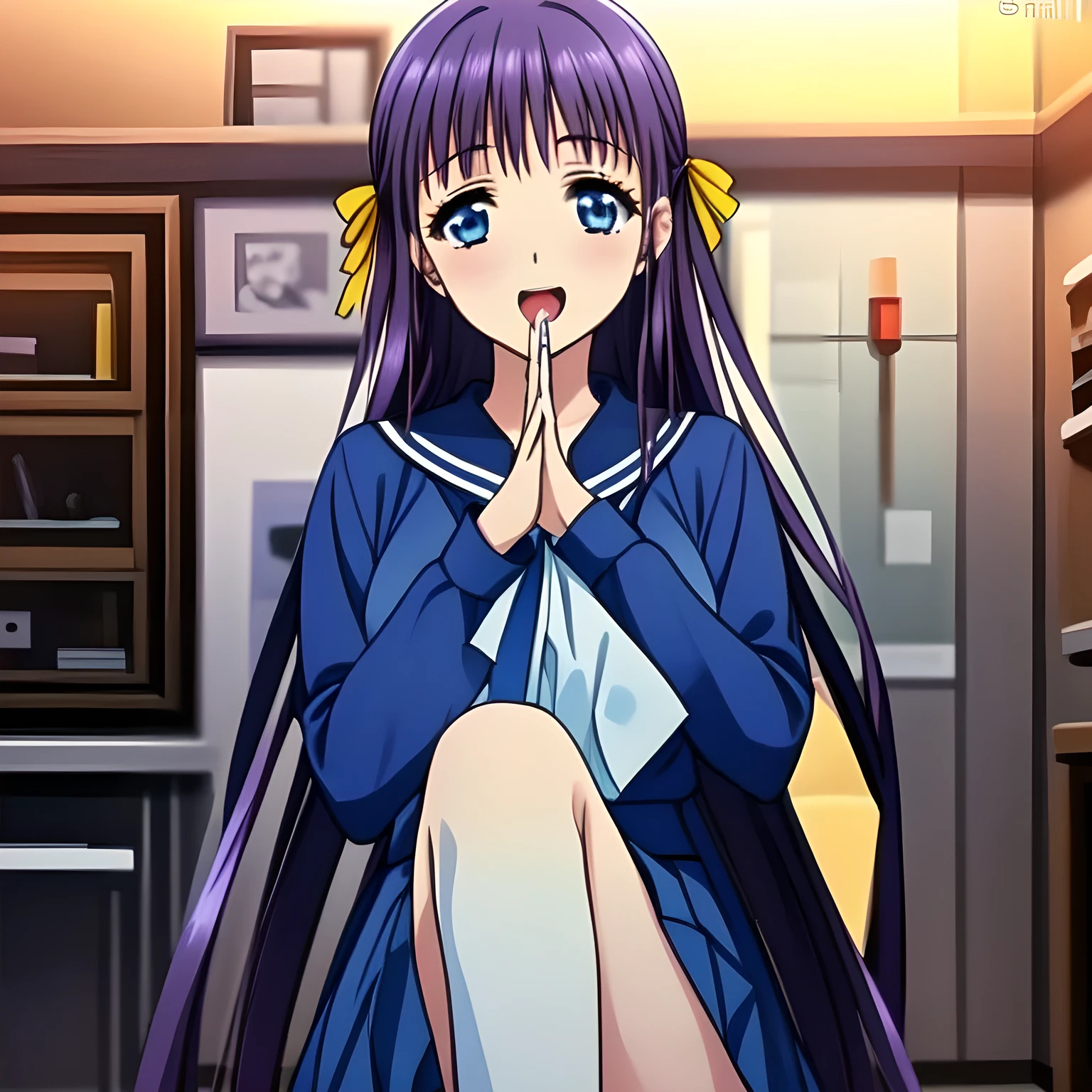 highest quality, (masterpiece:1.2), (A very intelligent and bewitching heroine, Very detailed intelligent 15yo heroine's portrait of game CG, beautifully and artistically painted as cover of girl's magazine: 1.6), (She is turning quickly and looking at me with 妖艶な笑み as if she is a too beautiful intelligent secretary: 1.6), (A girl whom everyone loves because of her beauty and lovely fashion and intelligence and noble manner. A refined and elegant look like a beautiful secretary : 1.4), (In fact she is a very intelligent succubus, trying to charm, enslave and absorb me with deeply thought out intelligent strategy!: 1.0), (Very beautiful, wavy, cutely shining super-super-long blue hair, with elegant hair ribbons with very good smell of female pheromones: 1.4), (Laughing very beautiful and intelligent sapphire-blue intelligent eyes with very long eyelashes which charms and enslave me inevitably, with detailed very well: 1.8), (The elegant, slightly open mouth and glossy wet lips of an anime heroine: 1.0), (noble, fully dark navy blue, neat sailor-styled one-piece blue school uniform, fully dark navy blue blouse, and neat elegant dark dark-navy-blue pleated skirt, with a big yellow noble ribbon on the chest: 1.4), (Large but well figured breast: 1.0), (Laughing at me, but that gives a heavenly feeling of happiness with beautiful and great smiley noble face: 1.2), (The wind is blowing: 0.8), (She is touching me with her beautiful fingers, chewing me and absorbing everything from me just now: 1.5), (In a hair styling classroom: 1.4), (Full body shot: 1.0)