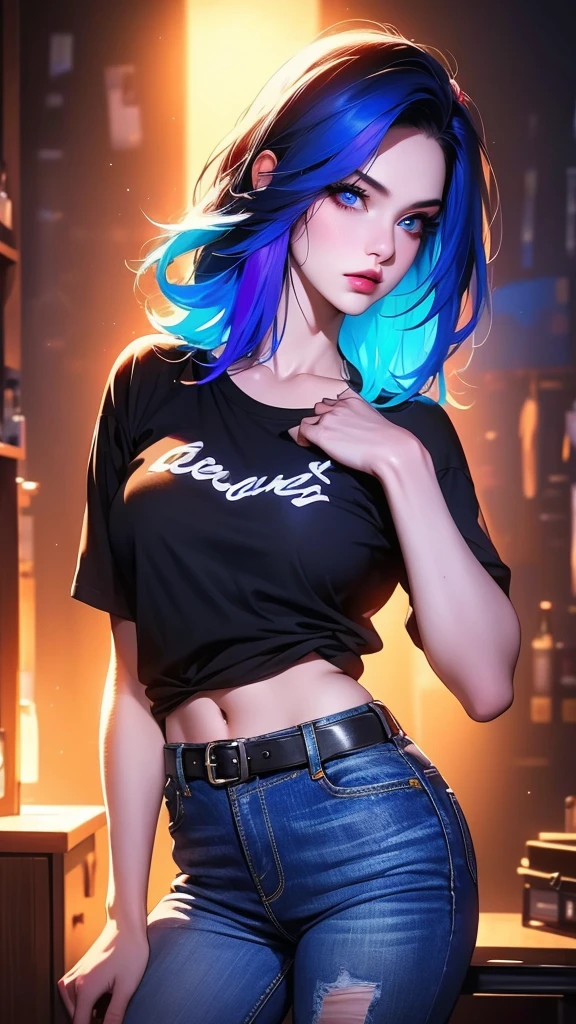 a beautiful girl in a black t-shirt and blue jeans, colorful pop-punk style hair, beautiful detailed eyes, detailed lips, detailed face, a belt, neon hearts, (best quality,4k,8k,highres,masterpiece:1.2),ultra-detailed,(realistic,photorealistic,photo-realistic:1.37),vibrant colors,dynamic lighting,cinematic,concept art,digital painting