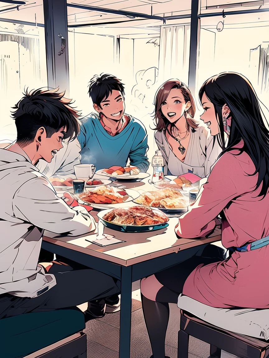緑色の髪の毛のpeopleが4people、Having a fun chat