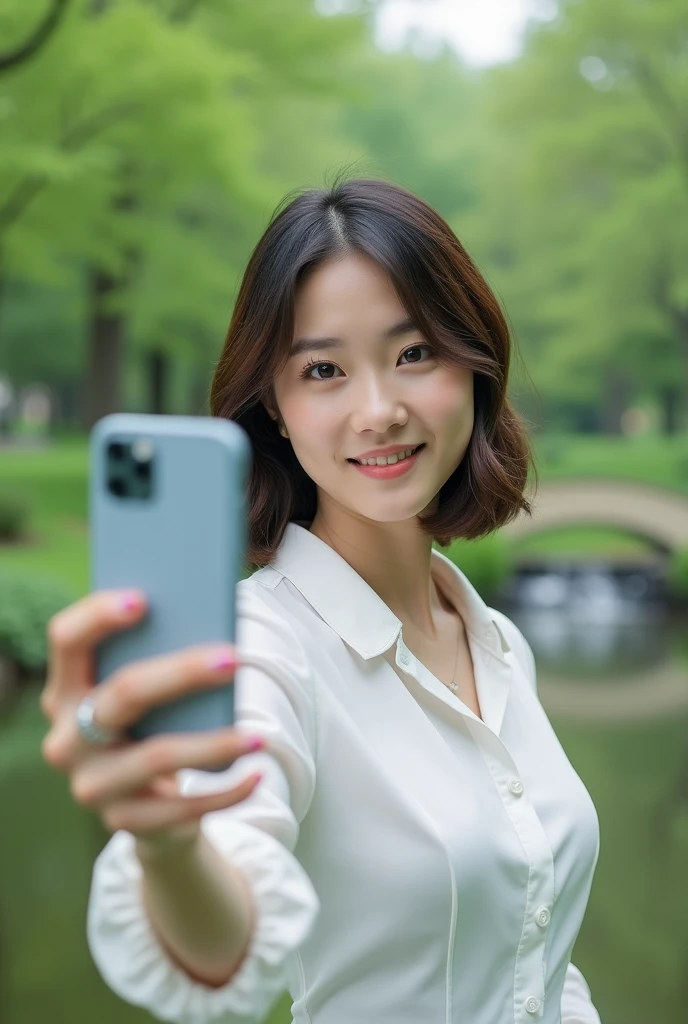 Japanese women、on park、Selfie、fair skin、Big Breasts、single eyelid、Year: 35、Moderate、dress shirt、wedding ring