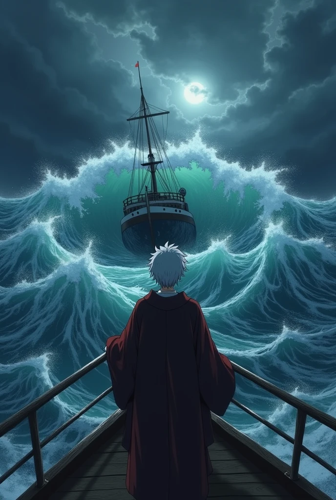 Sakata Gintoki from Gintama,Hands holding the ship's barrier,Standing at the edge of the ship's deck and looked at the sea.with feelings of sadness, resignation.The ship is in the Inside a very large whirlpool. All around him, there was a high sea that was higher than the ship.The sky was a thick, heavy storm. Night time.The picture was taken from the Back side using drone