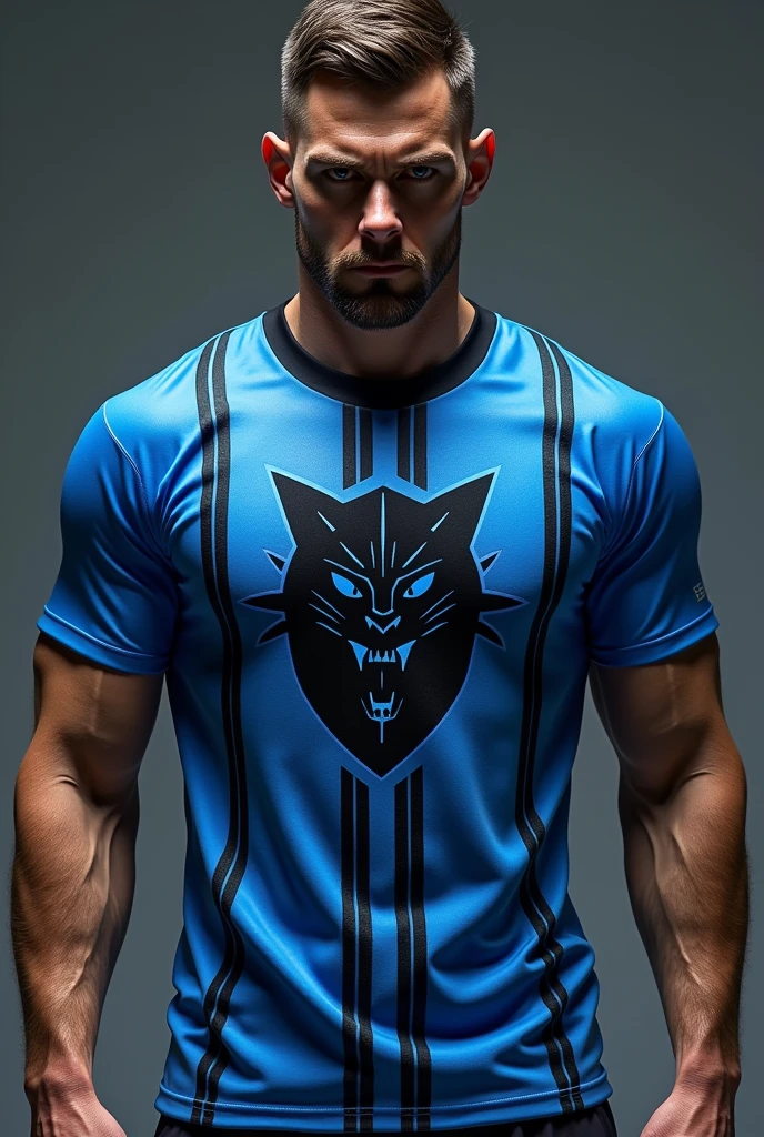 Blue shirt with thick silver lines running across the shirt from top to bottom, back and front, name and number on the back in black. In front a shield on the chest, black with 4 upper and 1 lower spikes and a strong, angry cat sitting in the middle of the shield.