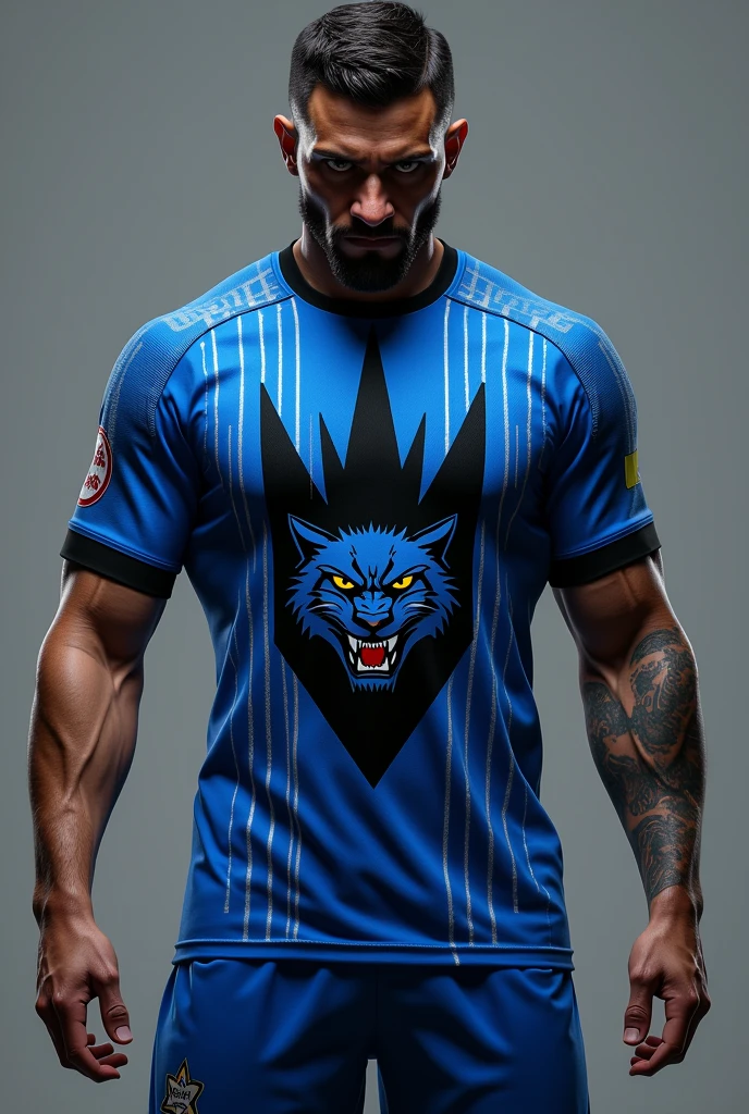 Blue shirt with thick silver lines running across the shirt from top to bottom, back and front, name and number on the back in black. In front a shield on the chest, black with 4 upper and 1 lower spikes and a strong, angry cat sitting in the middle of the shield.