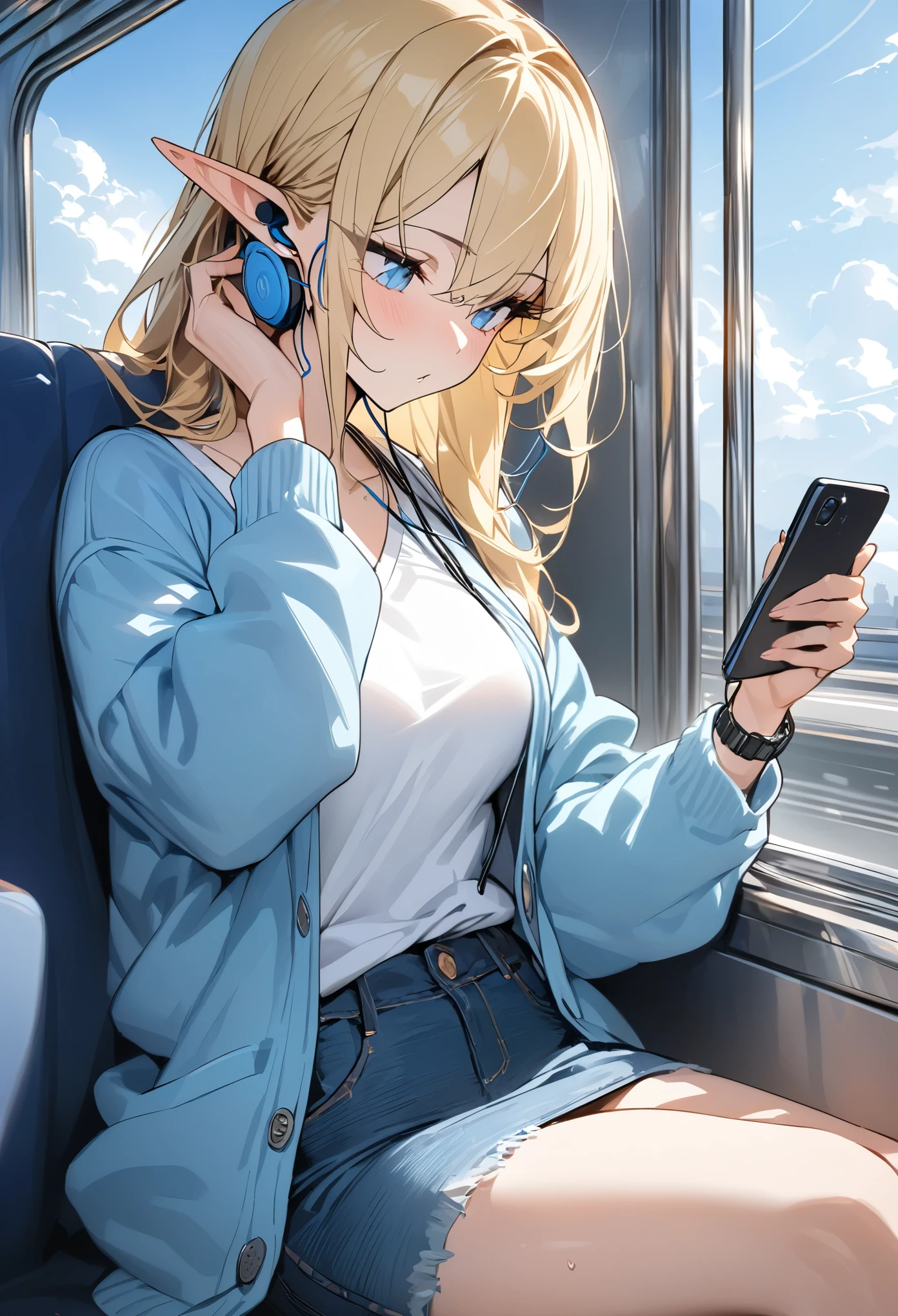 ((highest quality)), ((masterpiece)), (be familiar with), perfect face, elf, pointy ears, blonde hair, Bluetooth earphones, listening to music using earphones, operating a smartphone, White T-shirt, light cardigan, sky blue cardigan, Denim skirt, On the train, wristwatch