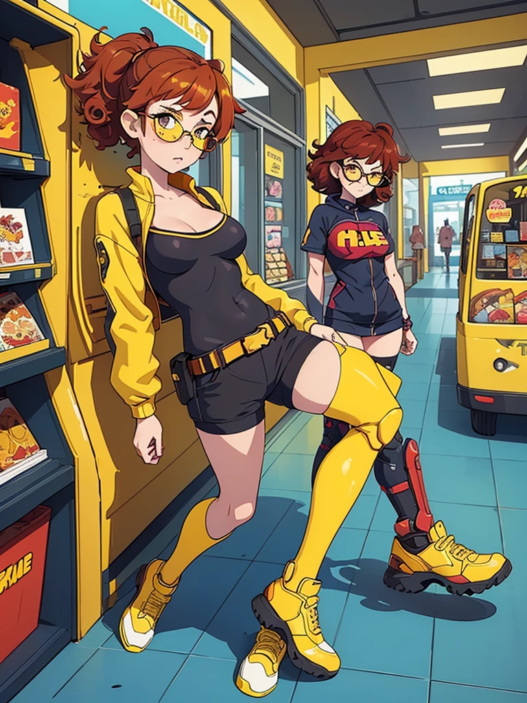 (masterpiece), (best quality), 1 girl, red hair,((brown eyes)),curly hair, short curly hair, brown eyes, anime style, freckles, (mall breast, (petite figure), blue cyberpunk clothes, legs, desert background, (((yellow glasses))) 